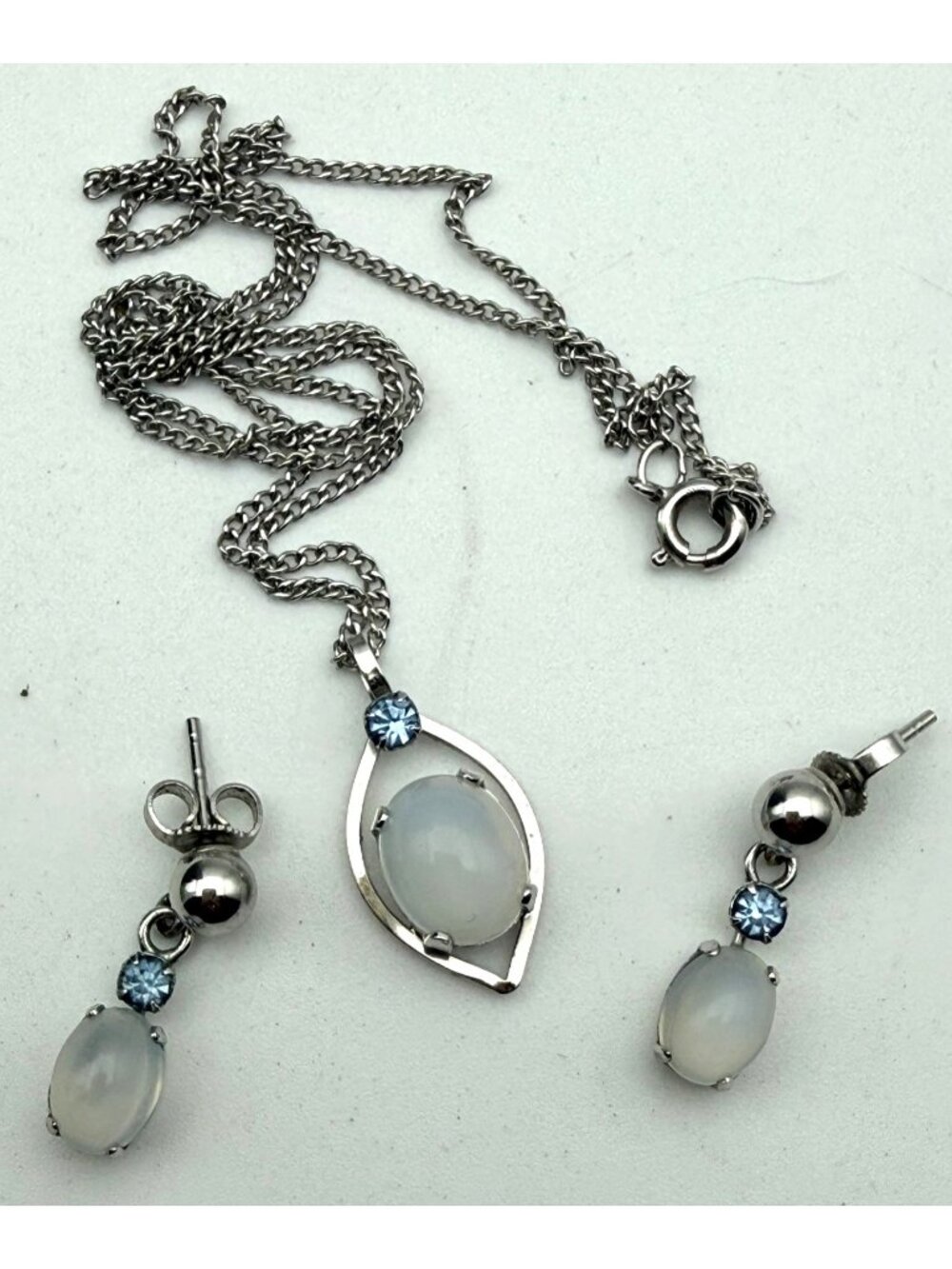 Vintage Van Dell Sterling Silver Moonstone & Blue Rhinestone Necklace & Earrings - Picture 2 of 6